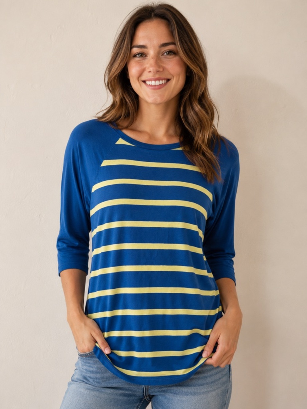 LuLaRoe Randy Baseball Tee Stripe Raglan Blue Yellow Stretchy XXS 3/4 Sleeve